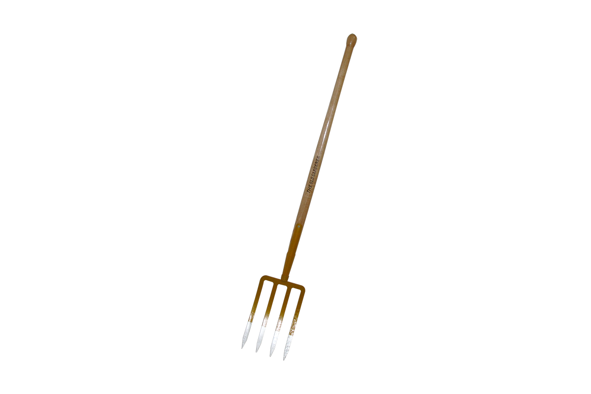 Long wood handle digging fork